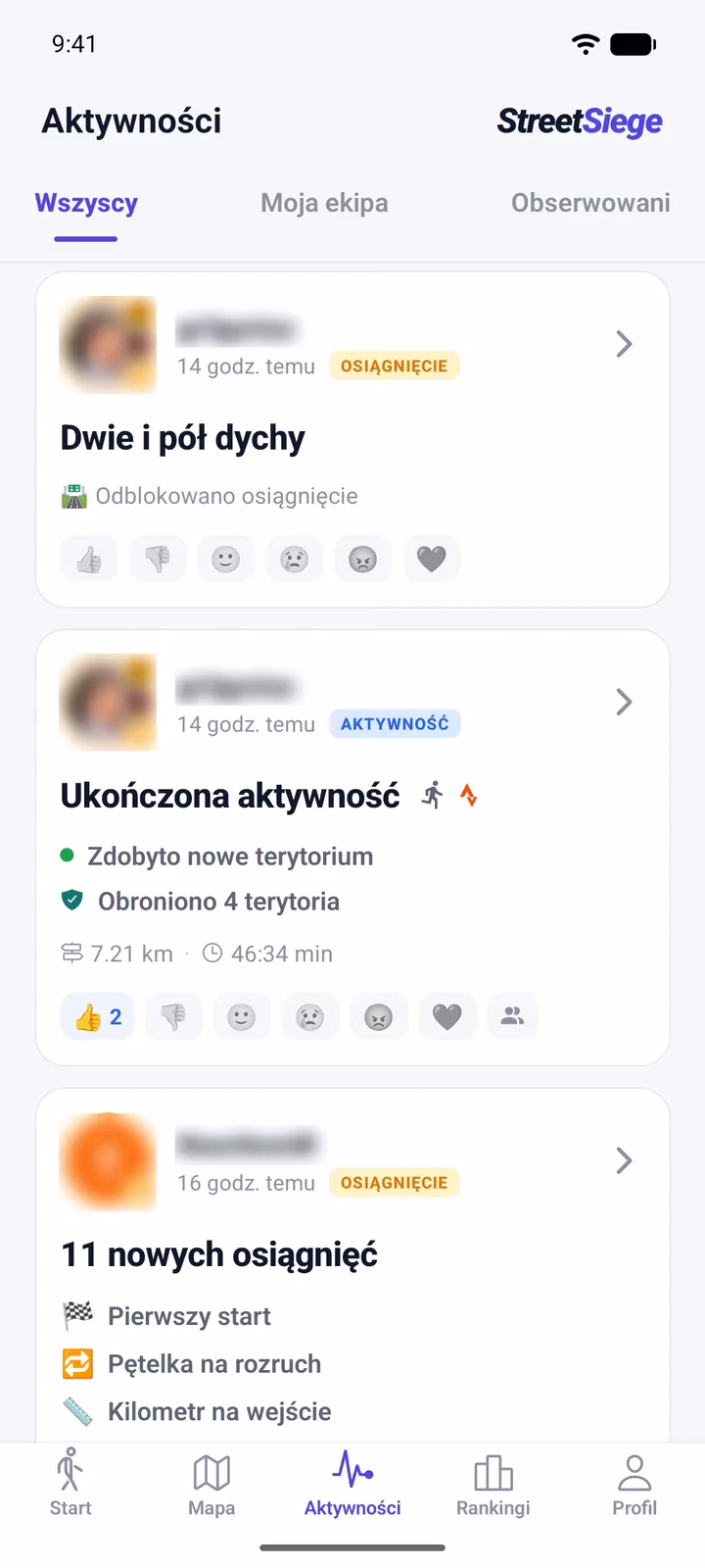 Tablica aktywności StreetSiege: ukończone biegi, zdobyte terytoria, osiągnięcia i reakcje emoji graczy