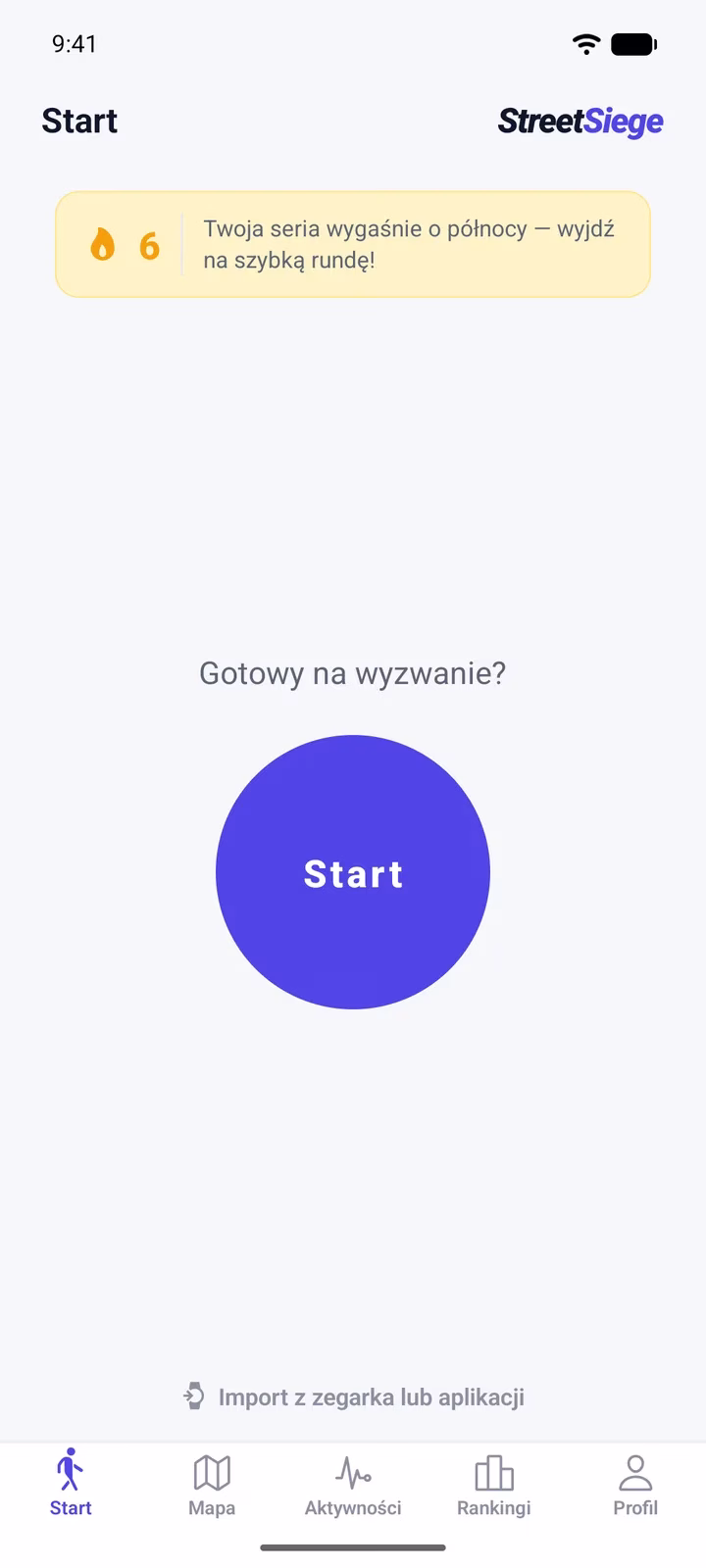 Ekran startowy StreetSiege z dużym przyciskiem Start i licznikiem serii aktywności