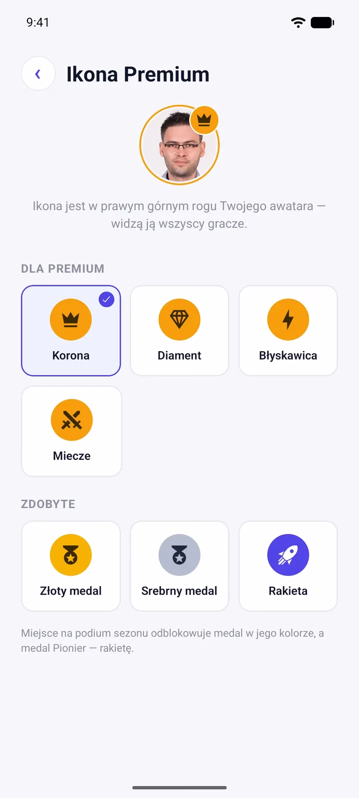 Wybór ikony Premium w StreetSiege: korona, diament, błyskawica, miecze oraz zdobyte medale i rakieta