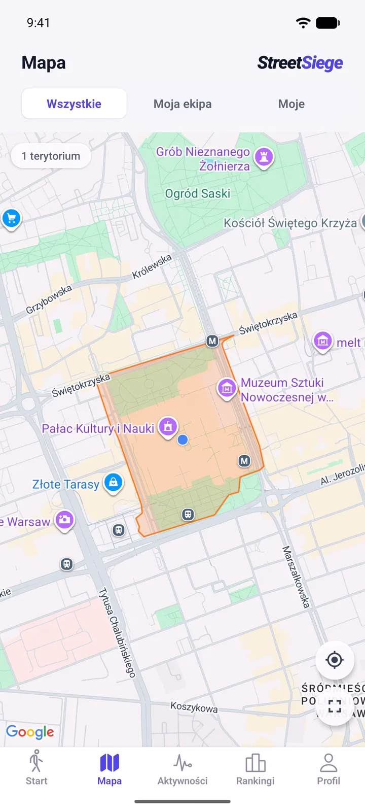 Mapa terytoriów StreetSiege w centrum Warszawy – teren wokół Pałacu Kultury i Nauki zdobyty biegiem