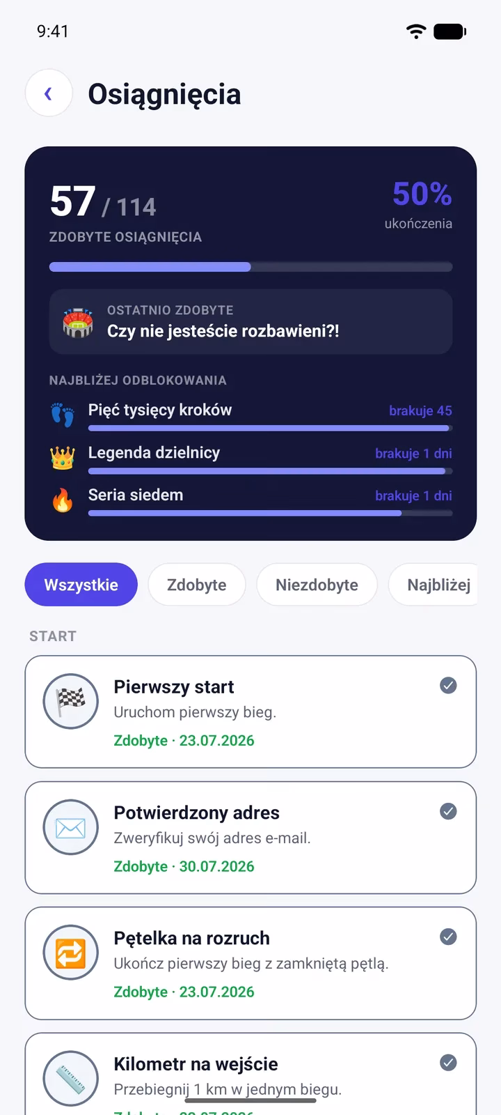 Ekran osiągnięć StreetSiege: postęp 57 ze 114 i lista najbliższych do odblokowania