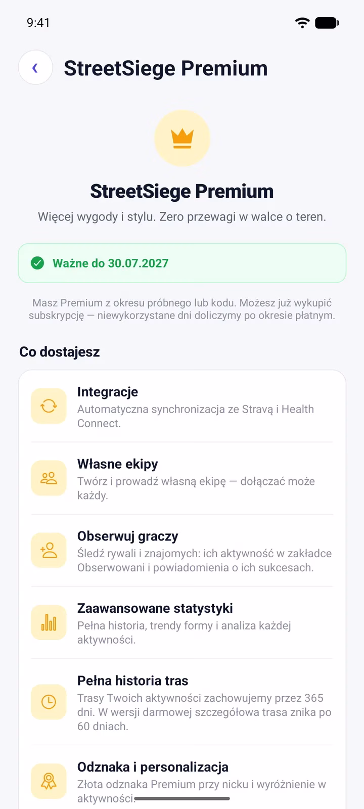 Ekran StreetSiege Premium z listą korzyści: integracje, własne ekipy, obserwowanie graczy, statystyki i historia tras