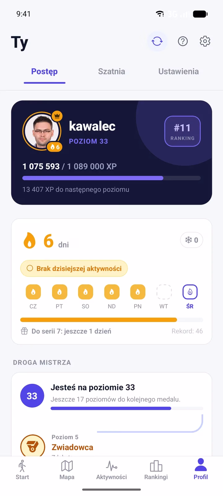 Profil gracza StreetSiege: poziom, punkty doświadczenia, pozycja w rankingu i seria dni z aktywnością