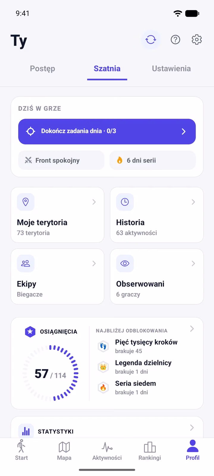 Szatnia w StreetSiege: zadania dnia, seria, moje terytoria, historia, ekipy i osiągnięcia w jednym miejscu