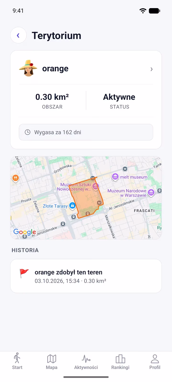 Karta terytorium w StreetSiege: właściciel, obszar 0,30 km², status aktywny i czas do wygaśnięcia
