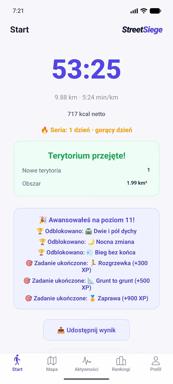 Podsumowanie biegu w StreetSiege: Terytorium przejęte, nowy poziom, osiągnięcia i zadania dnia